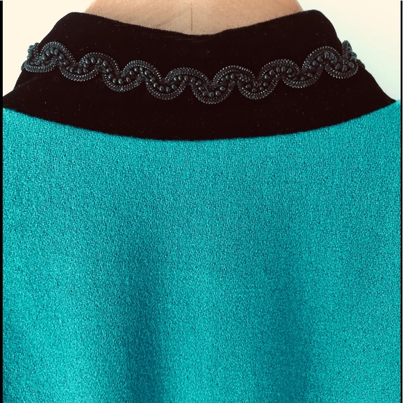 VTG 80s Black Velvet trim peplum jacket & mini skirt 10P worsted wool crêpe teal - Picture 7 of 16